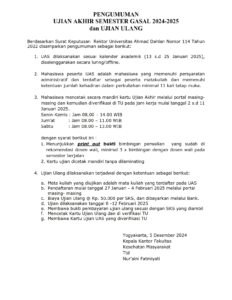 PENGUMUMAN UJIAN AKHIR SEMESTER dan UJIAN ULANG GENAP 2024-2025