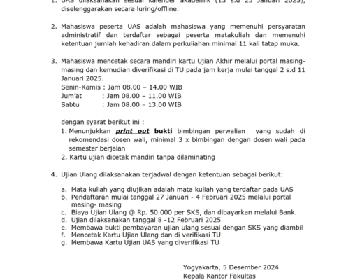 PENGUMUMAN UJIAN AKHIR SEMESTER dan UJIAN ULANG GENAP 2024-2025