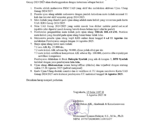 Jadwal Ujian Ulang Semester Genap T.A 2024/2025