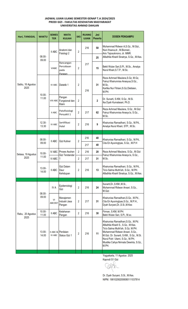 Jadwal Ujian Ulang Semester Genap T.A 2024/2025