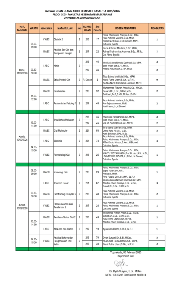 Jadwal Ujian Ulang Semester Gasal T.A 2025/2026