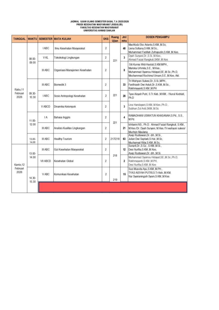 Jadwal Ujian Ulang Semester Gasal T.A 2025/2026